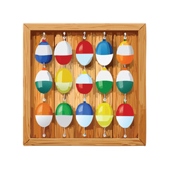 Colorful fishing floats displayed on a wooden panel against white background © kerupuk