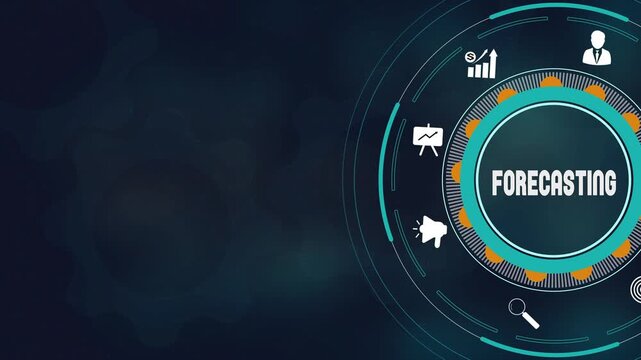 Professional business forecasting and corporate future planning concept with digital motion graphics. Strategic financial projection icons and organizational success visualization.