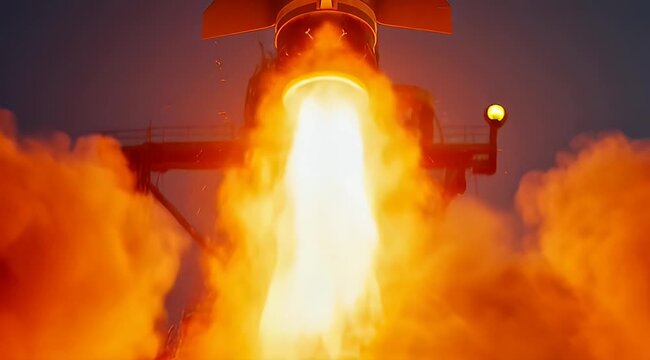 A rocket blasts off into the sky with a massive explosion of flames and smoke in a powerful video.