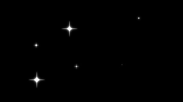 Twinkling star, Sparkle stars glowing stars blinking, white cartoon, glitter on black screen background. Alpha channel twinkling starry night sky,