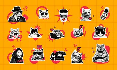 Fototapeta na wymiar Set of cat meme sticker with retro pixel style. Diverse funny kitten character with coffee, phone and computer on orange background. Surreal humor design elements for digital decoration.