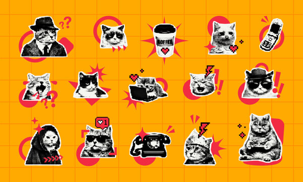 Set of cat meme sticker with retro pixel style. Diverse funny kitten character with coffee, phone and computer on orange background. Surreal humor design elements for digital decoration.