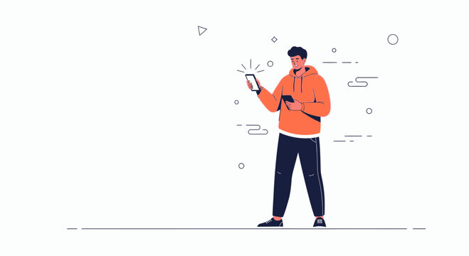 Man Holding Two Smartphones, One Showing Notification, Modern Flat Illustration