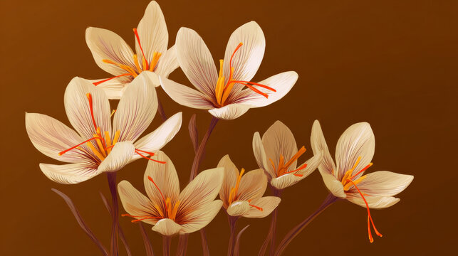A Group of Saffron flower vector illustration with saffron stamens on brown background