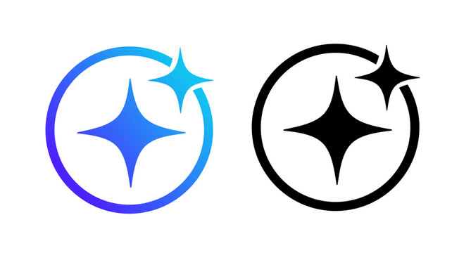 Sparkling and Clean Star Icons in Circles, Blue Gradient and Black Vector Set
