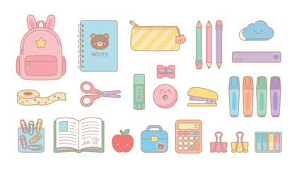 Colorful stationery and school supplies icons.