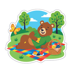 A cartoon bear having a picnic outdoors. © Kenn