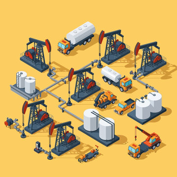 Isometric illustration of oil extraction, processing, and transportation with various equipment.