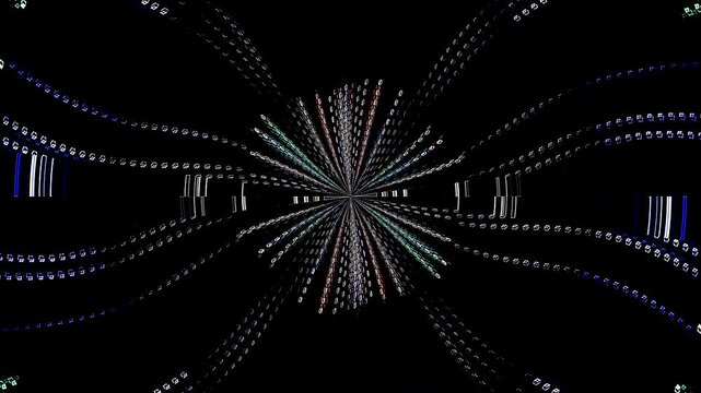 Symmetrical kaleidoscope motif with blue diamond shapes forming a glowing geometric pattern on a black background.	