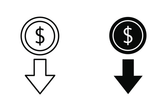 Dollar Coin Downward Arrow Icon Set: Financial Loss and Decline Symbols
