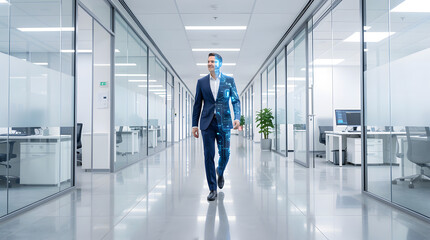 Half Human Half AI Professional Walking Through Sleek Corporate Hallway Representing Future Workplace Transformation