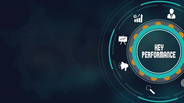 Professional key performance indicators and corporate business analytics concept with digital motion graphics. Strategic KPI tracking icons and professional success visualization.