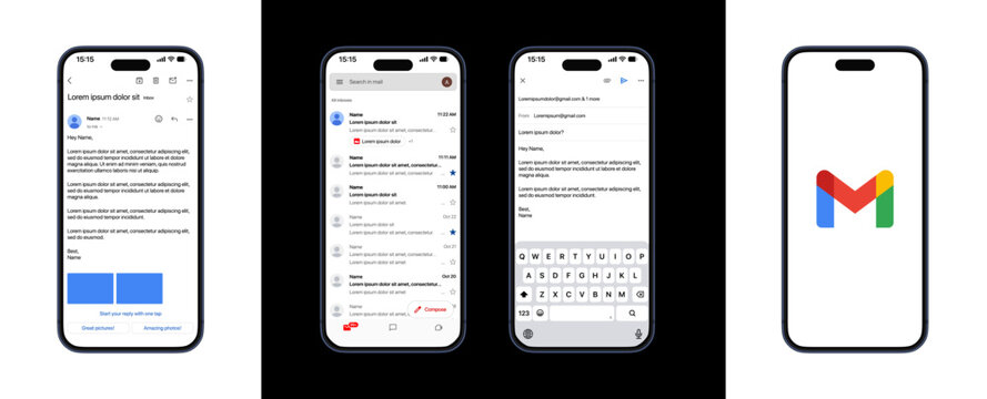 Gmail Mobile Email Interface Screens Showing Inbox Message List Email Reading Reply Composition Keyboard Input and Google Mail Logo on Smartphone Displays