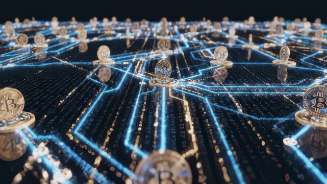 Digital Network With Bitcoin Cryptocurrency Connecting Nodes