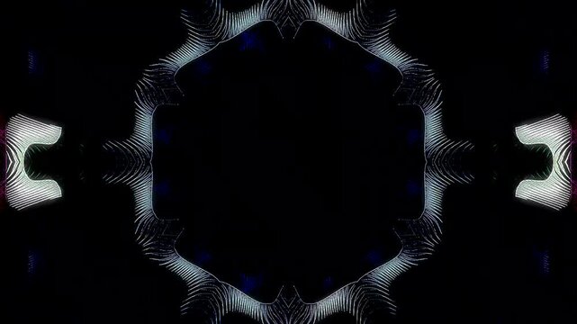 Symmetrical kaleidoscope motif with blue diamond shapes forming a glowing geometric pattern on a black background.	