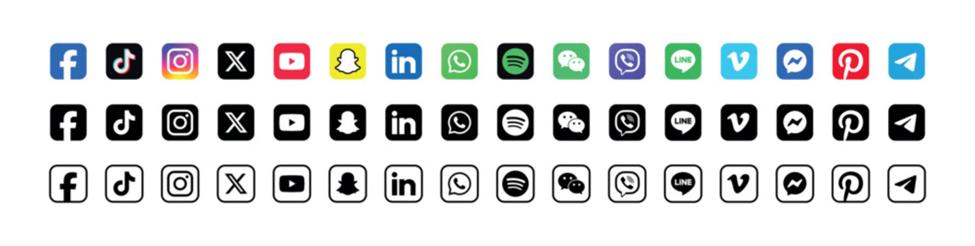
Social Media Icons Set in Color and Black Style. Popular Social Media App Icons Set. Facebook, Instagram, WhatsApp, X, LinkedIn, 
YouTube, TikTok, Spotify, Pinterest, Snapchat, 