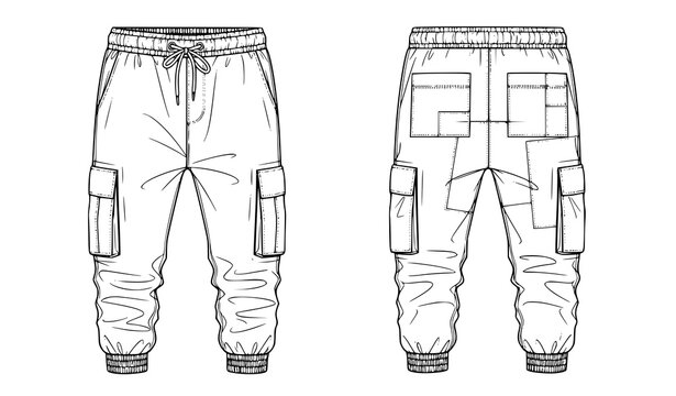 Men&rsquo;s Cargo Pants Front and Back View Outline with Pocket Details, Casual Streetwear Trousers Template for Fashion Apparel Design and Technical Drawing