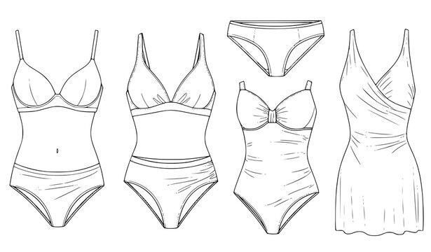 Women&rsquo;s Swimwear and Lingerie Outline Collection with Bikini, One Piece Swimsuit, Bra and Panties Templates for Fashion Apparel Design Illustration