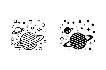Stylized Planet Icons with Rings and Stars - Cosmic and Space Exploration Theme © Creative