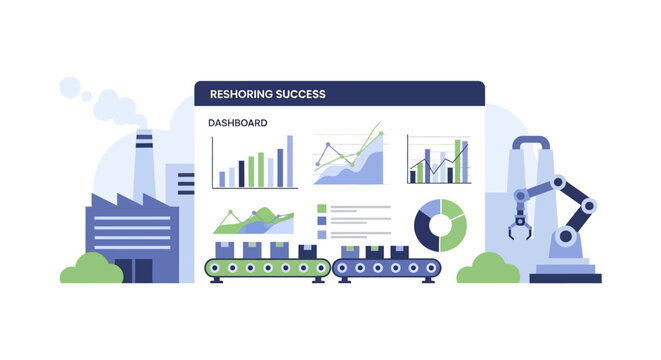 Reshoring Success Dashboard with Factory, Robotic Arm, and Production Data Visualization