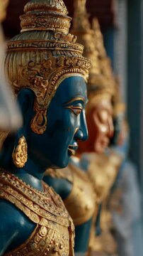 Row of ornate statues of indian deity in temple. Traditional sculptural art of blue and gold god figure. Religious heritage craft for spiritual contemplation. Vertical video