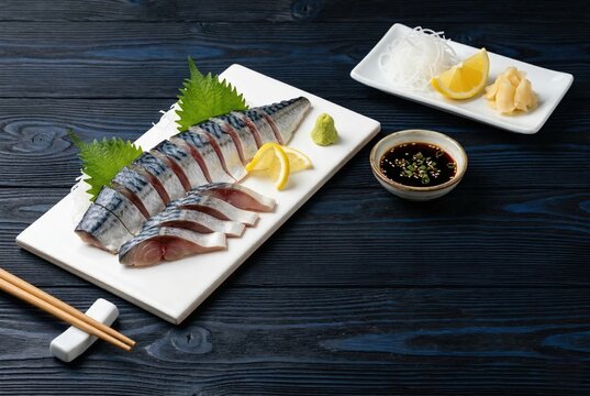 Generated AI: Exquisite Shime Saba Sashimi with Japanese Condiments on Blue Wooden Texture Background