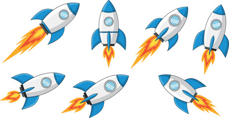 Cartoon rocket ship vector set with flames and space launch positions, cute spacecraft collection for startup concept, space exploration illustration © MSTSULTANA