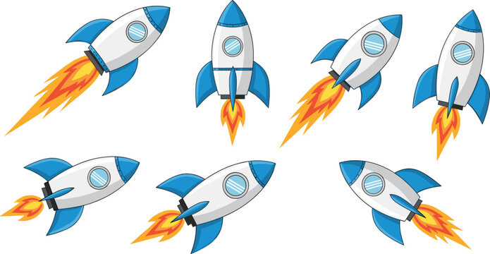 Cartoon rocket ship vector set with flames and space launch positions, cute spacecraft collection for startup concept, space exploration illustration
