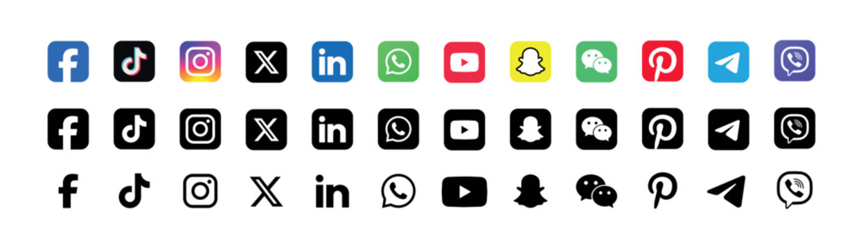 
Social Media Icons Set in Color and Black Style. Popular Social Media App Icons Set. Facebook, Instagram, WhatsApp, X, LinkedIn, 
YouTube, TikTok, Spotify, Pinterest, Snapchat,  
