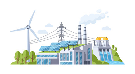 Diverse Energy Sources Illustration: Renewable (Wind, Solar, Hydro) & Non-Renewable Industrial Power Plants. Electricity Generation & Sustainability Concept.