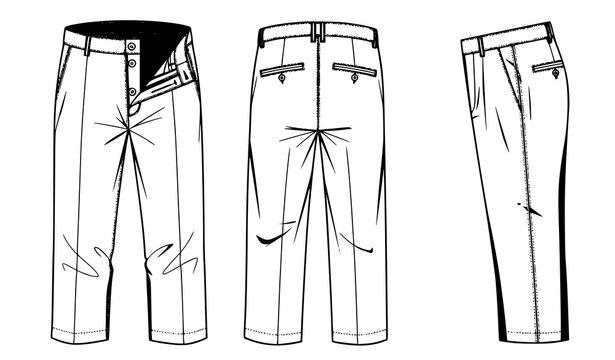Men Straight Leg Pants Technical Fashion Illustration with Front Back and Side Views Isolated Vector Design for Clothing Catalog, Apparel Templates, and Garment Construction