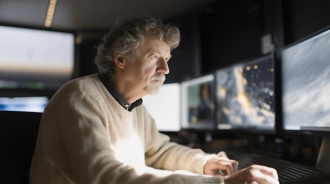 Solar physicist analyzes coronal mass ejection data from space weather monitoring satellites, plasma dynamics visualized on curved screens, perfect for space weather prediction, solar activity, and