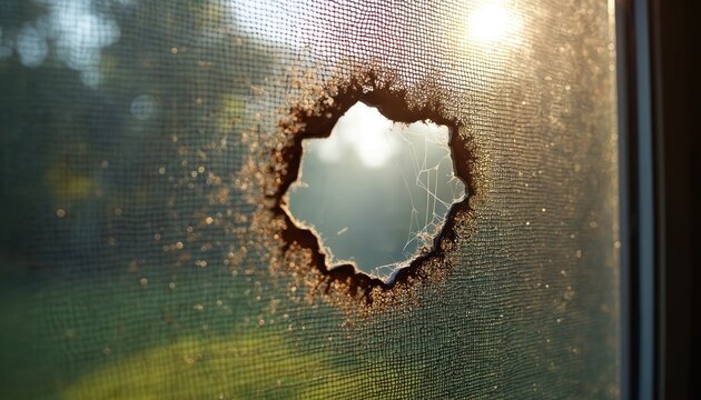 Torn window screen lets warm sunlight and fresh air inside. Close up of damaged mesh grid with hole. Outdoor green plants visible through ripped fabric.
