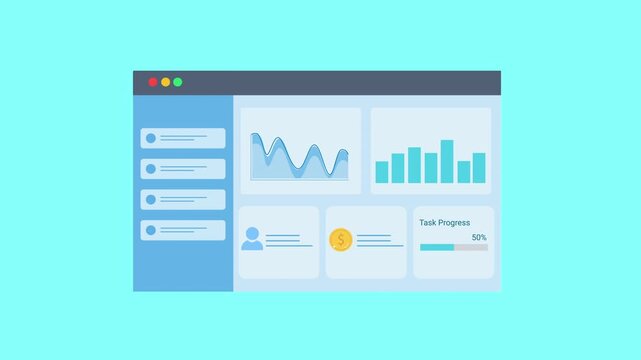 Animated data analytics dashboard interface with charts, graphs, and finance indicator icon. Flat vector motion design representing financial monitoring and digital business analytics panel.