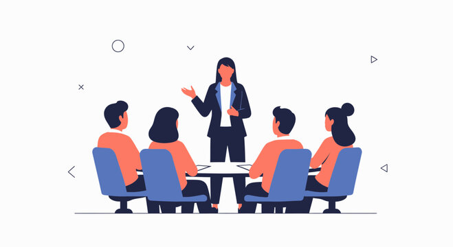 Business meeting: woman presenting to team around a table, flat design illustration