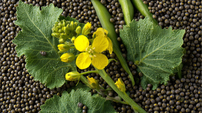 Mustard seed and flower with mustard plant green beans