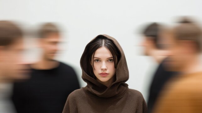 Young woman wearing a hood stands still while surrounding figures blur with motion
