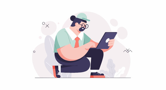 A person in a hat and glasses crouches, working on a laptop