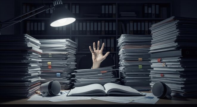 Stressful interior scene of an individual swamped by endless paperwork on a cluttered office desk, seeking help