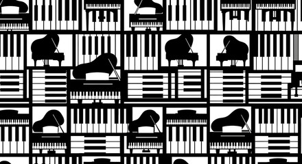 Fototapeta premium Abstract musical background featuring piano keys and icons