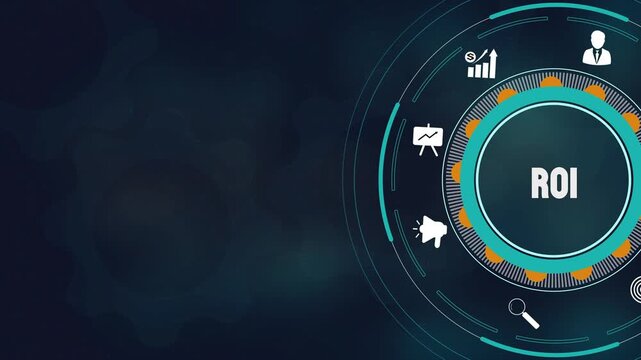 Corporate ROI and return on investment analysis concept with digital motion graphics. Strategic financial profit tracking, professional leadership icons, and growth visualization. Modern tech backgrou