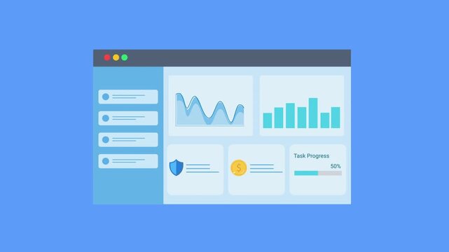 Animated data analytics dashboard interface with charts, graphs, and security shield indicator. Flat vector motion design representing cybersecurity monitoring and digital business analytics panel.