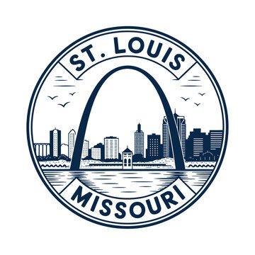 Circular emblem featuring the st louis gateway arch and city skyline