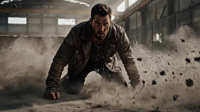 Superhero landing in a dusty abandoned warehouse