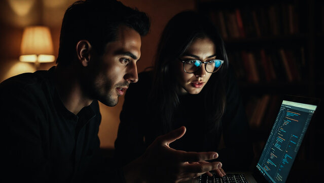 A man gestures towards a laptop screen with a woman, both intently studying data in a dimly lit room.