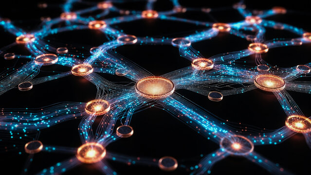 Glowing connections radiate from central nodes across a dark, digital network. Light streams through the structure.
