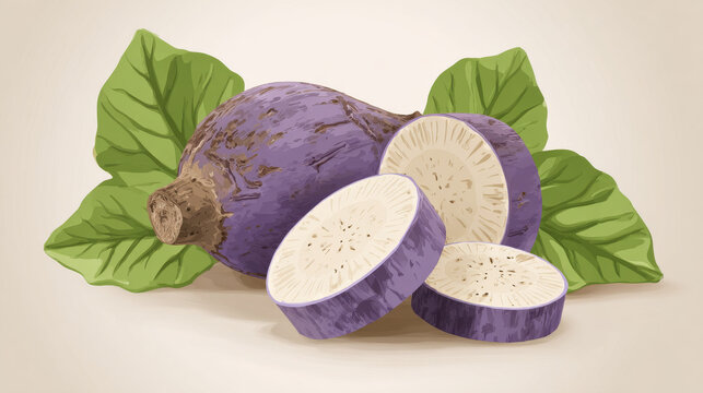 Taro root vegetable with two round slices of Taro Root vector illustration