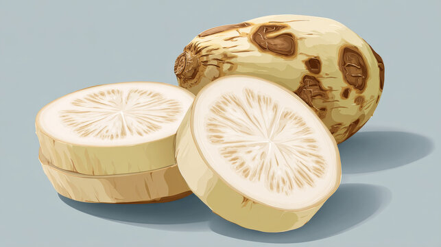 Taro root vegetable with two round slices of Taro Root vector illustration