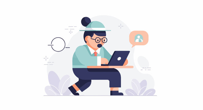 A person wearing a hat and glasses works on a laptop and communicates