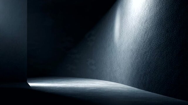 Spotlight in a dark room, illuminating dust particles in the air, creating a dramatic and atmospheric effect with light and shadow